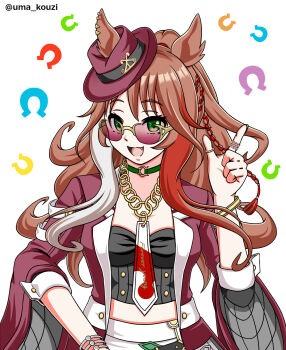 Rule 34 | 1girl, animal ears, black shirt, bracelet, braid, breasts, brown hair, choker, commentary request, ears through headwear, fang, fedora, forever young (racing) (umamusume), forever young (umamusume), green choker, green eyes, hat, highres, horse ears, horse girl, horseshoe background, jacket, jewelry, long hair, looking at viewer, midriff, multicolored hair, necktie, open mouth, red-tinted eyewear, red jacket, red streaks, revision, roshiakouji-chan, shirt, skirt, smile, solo, streaked hair, sunglasses, tinted eyewear, umamusume, white necktie, white skirt, white streaks