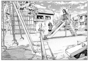 &gt;_&lt; 100-year_hit_parade 3girls ahoge border chain-link_fence clenched_hands closed_eyes commentary_request fence flipped_hair flying_sweatdrops full_body gakuen_idolmaster greyscale hanami_ume hatsuboshi_gakuen_school_uniform highres house idolmaster jungle_gym kuramoto_china long_hair looking_at_another monochrome multiple_girls outdoors outstretched_arms playground robe school_uniform seesaw shinosawa_hiro slide smile straight_hair swing_set teeth translation_request tree upper_teeth_only utility_pole very_long_hair white_border