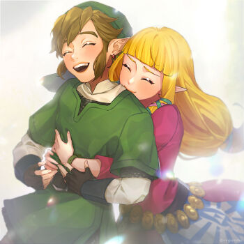 1boy 1girl black_gloves blonde_hair blunt_bangs blush brown_hair closed_eyes closed_mouth commentary couple dress earrings english_commentary fingerless_gloves gloves green_hat green_tunic happy hat hetero hug hug_from_behind jewelry laughing link long_hair nintendo nogiasobo open_mouth pink_dress pointy_ears princess_zelda red_earrings round_teeth short_hair simple_background smile teeth the_legend_of_zelda the_legend_of_zelda:_skyward_sword thick_eyebrows tunic upper_teeth_only white_background