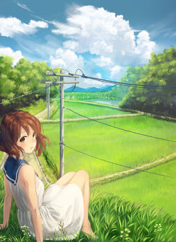 10s 1girl :o arm_support barefoot brown_eyes brown_hair cloud day dress female_focus field from_side grass hibike!_euphonium highres knees_up looking_at_viewer looking_back on_ground oumae_kumiko outdoors parted_lips path power_lines rice_paddy road rural ryokucha_manma sailor_dress scenery short_hair sitting sky sleeveless sleeveless_dress solo white_dress