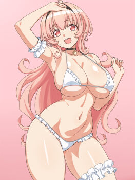 1girl alternate_breast_size_(larger) arm_up armpits bikini black_choker black_hairband blush breasts choker choujigen_game_neptune compa curvy frilled_thigh_strap hairband highres large_breasts long_hair looking_at_viewer micro_bikini navel neptune_(series) open_mouth pink_background pink_eyes pink_hair simple_background smile solo stomach swimsuit thigh_strap toned white_bikini zatsu