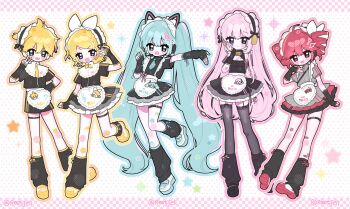 1boy 4girls :3 :d animal_ear_hairband animal_ears apron aqua_eyes aqua_hair aqua_necktie arm_warmers bandaid bandaid_on_arm bandaid_on_breast bandaid_on_knee bandaid_on_leg bib_collar black_arm_warmers black_leg_warmers black_shoes black_shorts black_skirt black_sleeves black_thighhighs blonde_hair blue_eyes blue_nails blush_stickers bow_hairband breasts cat_ear_hairband cat_ears character_name cleavage cleavage_cutout clothing_cutout commentary drill_hair fake_animal_ears fang fingerless_gloves fortissimo frilled_apron frilled_hairband frills full_body garter_straps gloves grey_shirt grey_skirt hair_ornament hair_ribbon hairband hairclip hand_on_own_cheek hand_on_own_chest hand_on_own_face hand_on_own_hip hand_up hatsune_miku headset heart_apron highres kagamine_len kagamine_rin kasane_teto kasane_teto_(sv) layered_legwear layered_skirt leg_warmers long_hair looking_at_viewer maid maid_apron megurine_luka multiple_girls musical_note musical_note_hair_ornament necktie open_mouth outstretched_arm parallel_hairclips pink_background pink_hair polka_dot polka_dot_background ponytail red_hair red_nails reetjell ribbon shirt shoes short_ponytail short_sleeves shorts shoulder_strap skirt smile standing standing_on_one_leg star_(symbol) star_in_eye symbol_in_eye synthesizer_v thigh_strap thighhighs twin_drills twintails two_side_up unconventional_maid untranslatable_commentary v v-shaped_eyebrows very_long_hair vocaloid waist_apron white_background white_hairband white_ribbon white_shoes wing_hair_ornament yellow_nails yellow_necktie yellow_shoes
