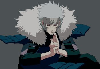 1boy absurdres armor black_sclera closed_mouth colored_sclera commentary_request grey_background grey_hair highres japanese_armor kemu_(19002265km) kuji-in looking_at_viewer male_focus naruto_(series) red_eyes scar scar_on_face senju_tobirama short_hair shoulder_armor simple_background sitting sode solo