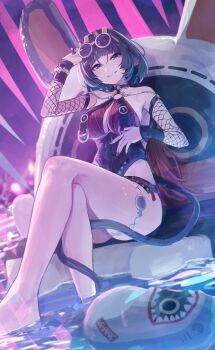 1girl absurdres adjusting_eyewear animal_ears bangboo_(zenless_zone_zero) bare_shoulders black_hair black_one-piece_swimsuit black_sarong blush breast_curtains breasts choker collarbone commentary_request covered_navel crossed_legs earrings eyewear_on_head fishnet_sleeves fishnets highres jane_doe_(nocturne_of_light)_(zenless_zone_zero) jane_doe_(zenless_zone_zero) jewelry large_breasts leather_leotard long_hair long_tail looking_at_viewer mouse_ears mouse_girl mouse_tail multicolored_hair notched_ear o-ring o-ring_choker o-ring_swimsuit official_alternate_costume one-piece_swimsuit red_hair red_nails red_one-piece_swimsuit round_eyewear sanshoku_dango_(shukosuko) sarong sharkboo_(zenless_zone_zero) sharp_tail sitting swimsuit tail two-tone_one-piece_swimsuit water white-framed_eyewear zenless_zone_zero