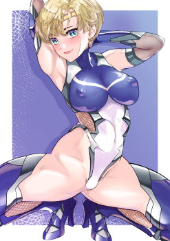 1girl absurdres arion_canvas armpits arms_behind_head arms_up bishoujo_senshi_sailor_moon blonde_hair blue_eyes blue_leotard blue_thighhighs bow breasts circlet covered_erect_nipples earrings elbow_gloves gloves high_heels highleg highleg_leotard highres jewelry large_breasts leotard revision sailor_uranus short_hair solo split spread_legs stud_earrings taimanin_(series) taimanin_suit ten&#039;ou_haruka thighhighs