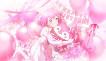 1girl balloon banner blurry blush bokeh colorful_palette confetti cosplay depth_of_field dress game_cg grin happy_birthday highres holding holding_stuffed_toy looking_at_viewer official_art ootori_emu ootori_emu_(cosplay) phenny_(project_sekai) pink_eyes pink_hair pink_theme project_sekai smile solo sparkle star_(symbol) star_balloon stuffed_toy teeth third-party_source white_dress