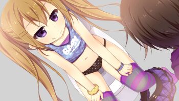 1boy 1girl aoi_aruma blue_tank_top blush breasts brown_hair camisole closed_mouth clothes_pull collarbone cowboy_shot from_above game_cg grey_background hair_between_eyes hair_ornament hairclip hood hoodie izuno_shiun_(jissai_no_tokoro) jissai_no_tokoro kodomo_doushi kurenai_yuuya_(jissai_no_tokoro) loli long_hair navel on_toilet panties plaid_clothes plaid_skirt pleated_skirt polka_dot polka_dot_panties purple_camisole purple_eyes purple_hoodie purple_skirt scrunchie short_hair simple_background sitting skirt skirt_pull smile striped_clothes striped_thighhighs tank_top thighhighs toilet toilet_seat toilet_use tsurime underwear variant_set yellow_scrunchie