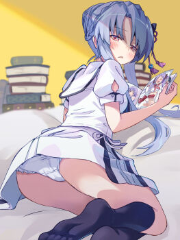 1girl akayama_yukihe animal_print ass black_socks blue_hair blurry blurry_background blush book braid butterfly_print censored character_print commentary crossed_ankles crown_braid d: feet female_pervert frilled_panties frills from_behind frown full_body hair_between_eyes hair_bun hair_ribbon half-closed_eyes highres hiiragi_kagami holding holding_book implied_sex indoors kneehighs long_hair lucky_star lying miniskirt mizuori_shizuku mosaic_censoring no_shoes on_back on_bed open_book open_mouth panties pervert pornography puffy_short_sleeves puffy_sleeves purple_hair red_eyes red_ribbon red_sailor_collar ribbon sailor_collar school_uniform serafuku shirt short_sleeves sidelocks single_hair_bun sitting skirt socks soles solo sorakado_ao straight_hair summer_pockets summer_pockets_school_uniform thighhighs thighs toes twintails underwear white_panties white_sailor_collar white_serafuku white_shirt white_skirt white_thighhighs