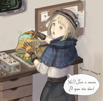 1boy :o blonde_hair blue_cloak blue_eyes bob_cut brown_gloves brown_hat brown_pants bulletin_board cloak desk english_text ezra_theodore flying_sweatdrops from_behind gloves hat highres holding holding_mushroom indoors looking_at_viewer looking_back male_focus mushroom open_mouth pants reverse:1999 sandkessho shirt solo speech_bubble sweat teeth test_tube test_tube_rack upper_body white_shirt