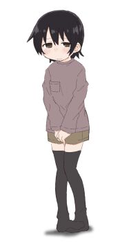 1girl between_legs black_hair black_thighhighs blush breast_pocket brown_eyes brown_shirt brown_shorts closed_mouth female_focus flat_chest full_body half-closed_eyes hand_between_legs long_sleeves looking_at_viewer nose_blush original own_hands_together pocket ponnu_(tnpn2yw) raised_eyebrows shirt short_hair short_shorts shorts sidelocks simple_background solo standing thighhighs v_arms white_background