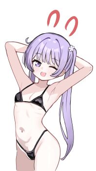 1girl absurdres armpits arms_behind_head arms_up bikini black_bikini breasts choppy_bangs commission cowboy_shot duda_(duda1) highres loli long_hair looking_at_viewer navel new_game! one_eye_closed open_mouth pixiv_commission presenting_armpit purple_eyes purple_hair simple_background small_breasts smile solo standing stomach string_bikini suzukaze_aoba swimsuit twintails white_background