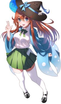 1girl absurdres black_hat black_shoes blue_bow blue_coat blue_eyes blush bow bowtie breasts brown_hair coat commentary_request full_body green_bow green_bowtie green_skirt hair_between_eyes hat hat_bow highres holding holding_mahjong_tile linovel long_hair long_sleeves looking_at_viewer mahjong mahjong_soul mahjong_tile mary_janes medium_breasts nepitana open_clothes open_coat open_mouth pleated_skirt qingkuniang shirt shirt_tucked_in shoes simple_background skirt smile solo standing thighhighs white_background white_shirt white_thighhighs wide_sleeves witch_hat