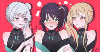 3girls @_@ absurdres ahoge anger_vein artist_name bare_shoulders black_hair blonde_hair blue_eyes blue_hair blush character_name cho_kaguya-hime! collarbone commentary dated girl_sandwich gradient_hair head_steam heart heart_ahoge heart_in_mouth highres kaguya_(cho_kaguya-hime!) looking_at_another multicolored_eyes multicolored_hair multiple_girls open_mouth orange_eyes pink_hair poking purple_eyes red_background red_hair runami_yachiyo sakayori_iroha sandwiched secret1122 side_ponytail streaked_hair sweat upper_body white_hair yuri