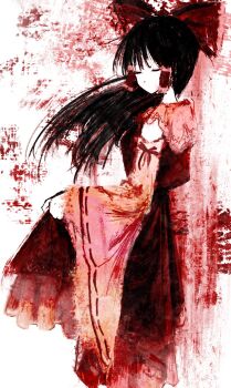 Rule 34 | 1girl, black hair, bow, closed eyes, detached sleeves, dot nose, floating hair, frilled skirt, frills, hair bow, hair tubes, hakurei reimu, highres, knowthisdream, long hair, no mouth, red shirt, red skirt, ribbon, shirt, sidelocks, skirt, skirt hold, sleeveless, sleeveless shirt, solo, touhou, wide sleeves