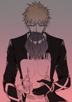 Rule 34 | 1boy, 1girl, backless dress, backless outfit, bleach, bleach: sennen kessen-hen, commentary, corrupted twitter file, dress, elbow gloves, english commentary, gloves, height difference, hetero, highres, kurosaki ichigo, orange eyes, orange hair, short hair, shoulder blades, silegesi, strapless, strapless dress, tensa zangetsu (bankai)