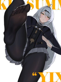 1girl absurdres ahoge black_jacket black_pantyhose bodystocking breasts commentary_request feet foot_focus grey_hair hair_ornament hairclip highres jacket large_breasts long_hair long_sleeves looking_at_viewer official_alternate_costume oro_(lsg0624) pantyhose see-through_clothes see-through_legwear single_hair_intake skirt solo toes white_hair yellow_eyes yixuan_(trails_of_ink)_(zenless_zone_zero) yixuan_(zenless_zone_zero) zenless_zone_zero