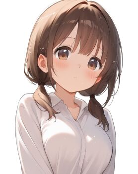 Rule 34 | 1girl, blush, brown eyes, brown hair, double-parted bangs, embarrassed, hair tie, highres, light particles, long sleeves, looking at viewer, low twintails, medium hair, minase shuu, original, shirt, simple background, solo, twintails, upper body, white background, white shirt
