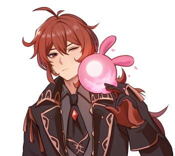 1boy :/ arm_up black_gloves black_necktie closed_mouth collared_shirt commentary diluc_(genshin_impact) double-parted_bangs english_commentary frown gem genshin_impact gloves grey_shirt hair_between_eyes heart highres jacket kookirani lapels long_hair looking_to_the_side male_focus multicolored_gloves necktie notched_lapels one_eye_closed red_gem red_gloves red_hair shirt sideways_glance simple_background sleeve_cuffs solo upper_body white_background wing_collar