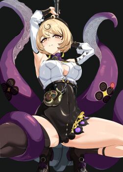 1girl @_@ absurdres black_hair black_shorts black_socks black_thighhighs blonde_hair blush chilling_(gandy27195238) closed_mouth high-waist_shorts highres looking_at_viewer multicolored_hair shirt short_hair shorts single_thighhigh sleeveless sleeveless_turtleneck socks solo streaked_hair tentacle_girl tentacles thighhighs turtleneck white_shirt yellow_eyes yidhari_murphy zenless_zone_zero