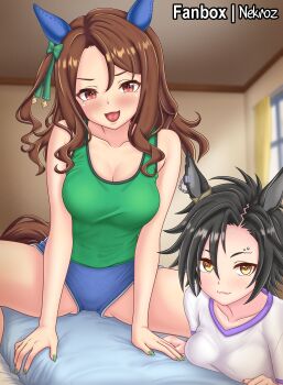 1boy 2girls absurdres air_shakur_(umamusume) animal_ears artist_name black_hair breasts cleavage green_nails green_vest highres horse_ears horse_girl indoors king_halo_(umamusume) looking_at_viewer multiple_girls nekroz7 open_mouth red_eyes sitting smile umamusume vest