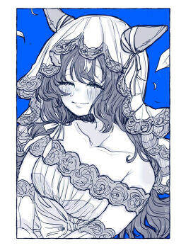 1girl animal_ears bare_shoulders blue_background blush bow bridal_gauntlets bride closed_eyes closed_mouth collarbone commentary dress ear_ribbon falling_petals floral_print frilled_veil hair_between_eyes horse_ears horse_girl petals rinren_(chun8chun8chun) simple_background solo still_in_love_(umamusume) strapless strapless_dress symbol-only_commentary umamusume