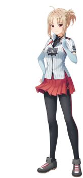 1girl ahoge artist_request baseball_uniform black_pantyhose black_shirt black_shoes blonde_hair blue_gloves blue_shirt cinderella_series closed_mouth elbow_gloves fingerless_gloves gloves hachigatsu_no_cinderella_nine hand_on_own_hip high_ponytail highres miura_nanase multicolored_shoes official_art pantyhose ponytail red_hair red_skirt shirt shirt_under_shirt shoes short_ponytail short_sleeves skirt solo sportswear striped_clothes striped_shirt transparent_background vertical-striped_clothes vertical-striped_shirt white_shoes