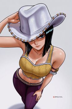 1girl bare_shoulders black_hair blue_eyes breasts cleavage cowboy_shot cropped_shirt from_above grey_background hat highres large_breasts nico_robin nico_robin_(skypiea) one_piece pants patreon_logo prixmal purple_pants shirt short_hair simple_background solo standing twitter_username white_hat yellow_shirt