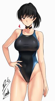 1girl absurdres amagami black_choker black_hair black_one-piece_swimsuit blue_one-piece_swimsuit breasts choker collarbone competition_swimsuit dated heart highleg highleg_one-piece_swimsuit highres looking_at_viewer one-piece_swimsuit ponytail signature simple_background solo swimsuit tsukahara_hibiki two-tone_one-piece_swimsuit white_background yoo_tenchi