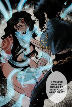 2girls absolute_dc absolute_wonder_woman absurdres arm_tattoo bdsm black_hair black_lips bondage bound breasts chain_belt clenched_teeth cropped_jacket curly_hair dc_comics femdom fishnet_top fishnets hand_on_another's_face highres imminent_rape magic multiple_girls perverted_utility shoulder_spikes spikes syiren tattoo teeth tentacles wavy_hair wonder_woman wonder_woman_(absolute_dc) wonder_woman_(series) yuri zatanna_zatara