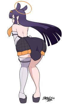 1girl animal_ears ass backless_outfit bare_back bare_shoulders black_dress blue_eyes dress elbow_gloves from_behind full_body gloves gradient_hair halo high_heels highres hololive hololive_english holomyth huge_ass leaning_forward long_hair looking_back multicolored_hair ninomae_ina'nis orange_hair purple_hair sidelocks single_glove single_thighhigh solo standing thighhighs transparent_background two-tone_hair virtual_youtuber white_gloves white_thighhighs zedrin