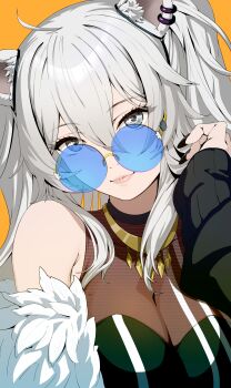 1girl absurdres ahoge animal_ear_fluff animal_ear_piercing animal_ears black_jacket black_nails black_shirt blue-tinted_eyewear breasts commentary_request double-parted_bangs fur-trimmed_jacket fur_trim glasses grey_eyes grey_hair hair_between_eyes hand_up highres hololive jacket large_breasts lion_ears lion_girl long_hair looking_at_viewer nail_polish round_eyewear see-through_cleavage see-through_clothes shirt shishiro_botan shishiro_botan_(1st_costume) simple_background skin_tight sleeveless sleeveless_shirt sleeves_past_wrists solo tinted_eyewear two_side_up upper_body virtual_youtuber yellow_background yumemori_jabara