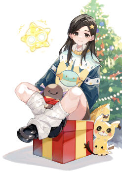 1girl absurdres alternate_costume black_footwear box brown_eyes brown_hair brown_skirt christmas_tree closed_mouth collared_shirt commentary dafenpipixia eri_(pokemon) gen_3_pokemon gen_7_pokemon gift gift_box hair_behind_ear hair_ornament highres knees leg_warmers long_hair looking_at_viewer loose_socks marshtomp mimikyu minior nintendo paldean_wooper pokemon pokemon_(creature) pokemon_sv print_sweater shirt shoes sitting skirt smile socks star_(symbol) star_hair_ornament sweater symbol-only_commentary white_background white_leg_warmers white_shirt