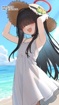 1girl alternate_costume armpits arms_up beach black_choker black_hair blue_archive choker cloud commentary_request dated day dress fang flower grin hair_over_eyes halo hands_on_headwear hat hat_flower highres itinana justice_task_force_member_(blue_archive) long_hair ocean open_mouth outdoors red_halo see-through_silhouette sky smile solo straw_hat sun_hat sundress white_dress