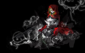 1girl animal bird black_background brown_gloves cloak commentary_request elden_ring flower gloves glowing highres hood hooded_cloak melo_(_suzume_o_) red_cloak roderika_(elden_ring) sitting snail spirit white_flower wolf