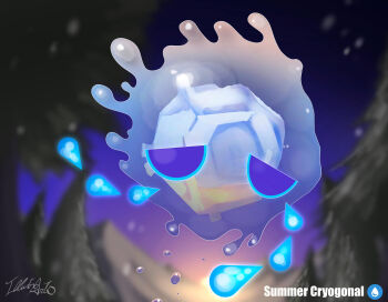 1other alternate_design alternate_form blue_eyes blurry blurry_background character_name commentary cryogonal dappled_sunlight english_text evening facing_ahead facing_viewer fakemon fivizzaniluke floating flying_teardrops forest gen_5_pokemon half-closed_eyes highres ice melting mountain mountainous_horizon nature nintendo no_humans outdoors pine_tree pokemon pokemon_(creature) purple_sky signature sky snowflakes solo sunlight sunset teardrop tree vignetting water water_drop