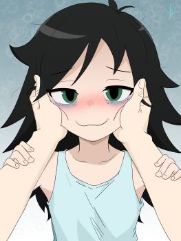 Rule 34 | 1girl, absurdres, ahoge, armpits, bags under eyes, bare shoulders, black hair, blush, clenched hands, collarbone, cuddling, facing viewer, female focus, fingernails, flat chest, green eyes, hands on another's face, hands up, happy, highres, isashamoko, kuroki tomoko, long hair, looking at viewer, messy hair, neck, pov, pov adoring, pov hands, shirt, sidelocks, sleeveless, sleeveless shirt, smile, swept bangs, upper body, watashi ga motenai no wa dou kangaetemo omaera ga warui!