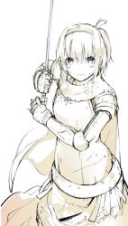 Rule 34 | 1girl, armor, blue eyes, breastplate, brown theme, cape, chainmail, closed mouth, commentary, cowboy shot, cross, frown, gauntlets, hair between eyes, highres, holding, holding sword, holding weapon, kantai collection, knight (ragnarok online), long hair, looking at viewer, medium bangs, monochrome, one side up, pauldrons, ragnarok online, shoulder armor, solo, spot color, suzutsuki (kancolle), sword, tugmix, v-shaped eyebrows, weapon