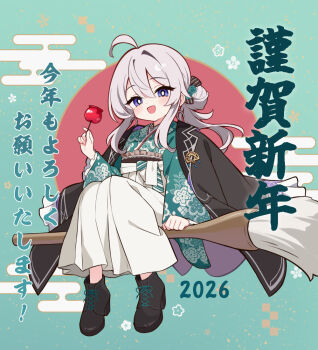 1girl 2026 antenna_hair azuuru black_boots black_coat boots bright_pupils broom broom_riding coat coat_on_shoulders elaina_(majo_no_tabitabi) grey_hair hair_between_eyes hand_up holding japanese_clothes long_hair long_sleeves looking_at_viewer majo_no_tabitabi open_clothes open_coat open_mouth purple_eyes sitting smile white_pupils
