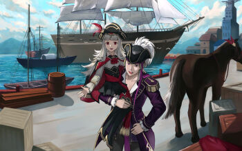 1boy 1girl barrel blonde_hair blue_sky boots cloud crate day fire_emblem fire_emblem_fates fire_emblem_heroes grey_hair hat high_heels highres horse imageprogram_(kent) long_hair long_sleeves nintendo official_alternate_costume open_mouth outdoors pirate_costume pirate_hat red_eyes ship short_hair sky thigh_boots thighhighs veronica_(fire_emblem) veronica_(pirate)_(fire_emblem) water watercraft xander_(fire_emblem) xander_(pirate)_(fire_emblem)