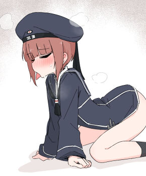 1girl all_fours ame_(amechan17391739) arm_support ass blunt_bangs blush bottomless brown_eyes closed_eyes dress hat highres kantai_collection red_hair sailor_dress sailor_hat short_hair sidelocks simple_background sketch steam steaming_body tongue tongue_out white_background z3_max_schultz_(kancolle)