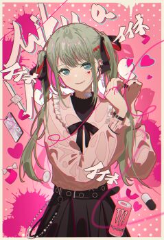 1girl absurdres aqua_eyes bandaid bandaid_on_neck black_nails black_ribbon black_skirt can candy cellphone commentary ear_piercing facial_mark fangs food green_hair hatsune_miku heart heart_facial_mark highres jirai_kei lollipop long_hair long_sleeves looking_at_viewer misaki_(xxxhackerxxxxx) monster_energy nail_polish open_mouth original phone piercing pink_ribbon pink_shirt ribbon shirt skirt smartphone solo twintails vampire_(vocaloid)