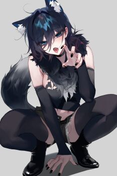 1girl :o animal_ears ankle_boots bara_(03_bara_) black_boots black_nails black_shorts black_thighhighs blue_eyes blush boots breasts commentary_request detached_sleeves fake_animal_ears grey_background hair_between_eyes highres large_breasts long_sleeves looking_at_viewer nail_polish open_mouth original short_hair short_shorts shorts simple_background solo squatting thighhighs thighs yokoyama_ishimi