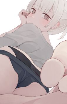 1girl black_panties black_shorts brown_eyes from_behind grey_hair grey_shirt highres hiroki_(yyqw7151) looking_at_viewer looking_back original panties shirt shorts simple_background soles solo toes underwear white_background