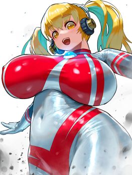 1girl aqua_hair belly blonde_hair blush bodysuit breasts chest_jewel colored_inner_hair covered_navel giant giantess headphones huge_breasts looking_at_viewer multicolored_hair nikunopengin nitroplus open_mouth orange_eyes plump short_hair skin_tight smile solo super_pochaco thick_eyebrows tokusatsu twintails two-tone_hair ultra_series