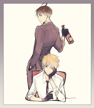 2boys absurdres ahoge alcohol axis_powers_hetalia black_gloves black_necktie blonde_hair border bottle brown_hair brown_jacket brown_pants chair closed_mouth collared_shirt commentary_request cowboy_shot cup drinking_glass from_behind gloves green_eyes grey_border hand_in_pocket hand_on_own_face hand_up highres holding holding_bottle holding_cup ice ice_cube jacket long_sleeves looking_at_another looking_down male_focus multiple_boys muraoka_hajime necktie on_chair one_eye_covered pants scotland_(hetalia) shirt short_hair signature simple_background sitting smile standing united_kingdom_(hetalia) upper_body v-shaped_eyebrows white_background white_shirt
