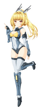 absurdres black_gloves breasts brown_eyes cleavage cleavage_cutout clothing_cutout covered_navel fingerless_gloves gloves grey_leotard high_heels highres kamiya_tomoe large_breasts leotard macross macross_frontier open_hand personification pointing ponytail solo thighhighs variable_fighter_girls vf-25 white_background