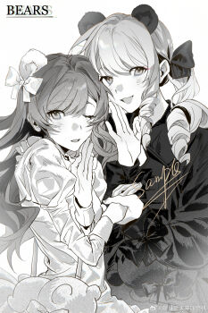 1girl 1other :d absurdres akiyama_mizuki animal_bag animal_ears bag bear_bag bear_ears black_vs_white borrowed_design bow chinese_commentary commentary_request commission dress drill_hair drill_sidelocks drop_shadow english_text fake_animal_ears bad_tag frills greyscale hair_bow hands_up heads_together highres holding_hands juliet_sleeves light_blush lolita_fashion long_hair long_sleeves looking_at_viewer monochrome official_alternate_hair_length official_alternate_hairstyle one_eye_closed open_mouth project_sekai puffy_sleeves sample_watermark sanriyin satchel shinonome_ena side_drill side_ponytail sidelocks simple_background smile swept_bangs watermark white_background