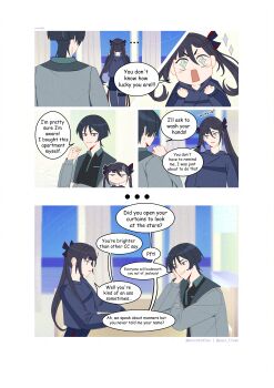 ... 1boy 1girl absurdres alternate_costume alternate_universe arm_rest arrow_(symbol) artist_name asymmetrical_bangs black_bodystocking black_hair black_ribbon black_shirt black_shorts black_sleeves blunt_bangs blunt_ends breast_pocket casual chair clenched_hands collar collared_shirt contemporary cowlick crystal_eye curtains elbow_rest english_text genshin_impact genshinribu green_collar grey_eyes grey_hair grey_jacket grey_sleeves hair_between_eyes hair_ribbon hand_on_own_face hands_up head_rest highres indoors jacket lapels left-to-right_manga long_hair long_sleeves looking_at_another mona_(genshin_impact) multicolored_hair open_clothes open_jacket open_mouth parted_bangs parted_lips pocket red_ribbon ribbon scaramouche_(genshin_impact) shirt shorts sitting smirk speech_bubble streaked_hair table thigh_strap twintails two-sided_ribbon undershirt white_mouth window wispy_bangs