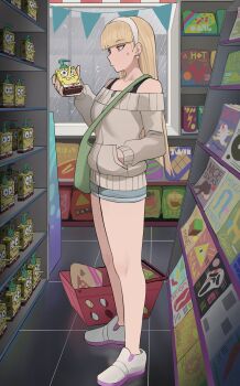 1girl bare_legs bare_shoulders bill_cipher blonde_hair blunt_bangs bra_strap claire_volikova commentary earrings ghostface gravity_falls grey_shorts grey_sweater hairband hatsune_miku highres holding indoors jewelry jourd4n kick_buttowski kick_buttowski_(character) long_hair long_sleeves off-shoulder_sweater off_shoulder original scream_(movie) shoes short_shorts shorts soap_bottle solo spongebob_squarepants spongebob_squarepants_(series) standing sweater thighs very_long_hair vocaloid white_hairband white_shoes