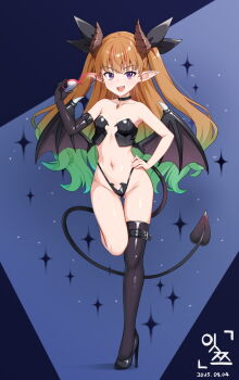 1girl alcmls1230 armpits asymmetrical_gloves asymmetrical_legwear black_gloves black_panties black_ribbon black_shoes black_thighhighs breasts brown_hair commentary_request crop_top dated demon_girl demon_horns demon_tail demon_wings elbow_gloves eyebrows_hidden_by_hair gloves gradient_hair green_hair groin hair_ribbon heart heart_tail high_heels highres holding holding_removed_eyewear horns korean_commentary long_hair looking_at_viewer multicolored_hair navel ohdo_yuamu open_mouth panties pointy_ears purple_eyes ribbon shoes small_breasts smile solo standing standing_on_one_leg stiletto_heels stomach tail thighhighs underwear unworn_eyewear wings yu-gi-oh! yu-gi-oh!_go_rush!!